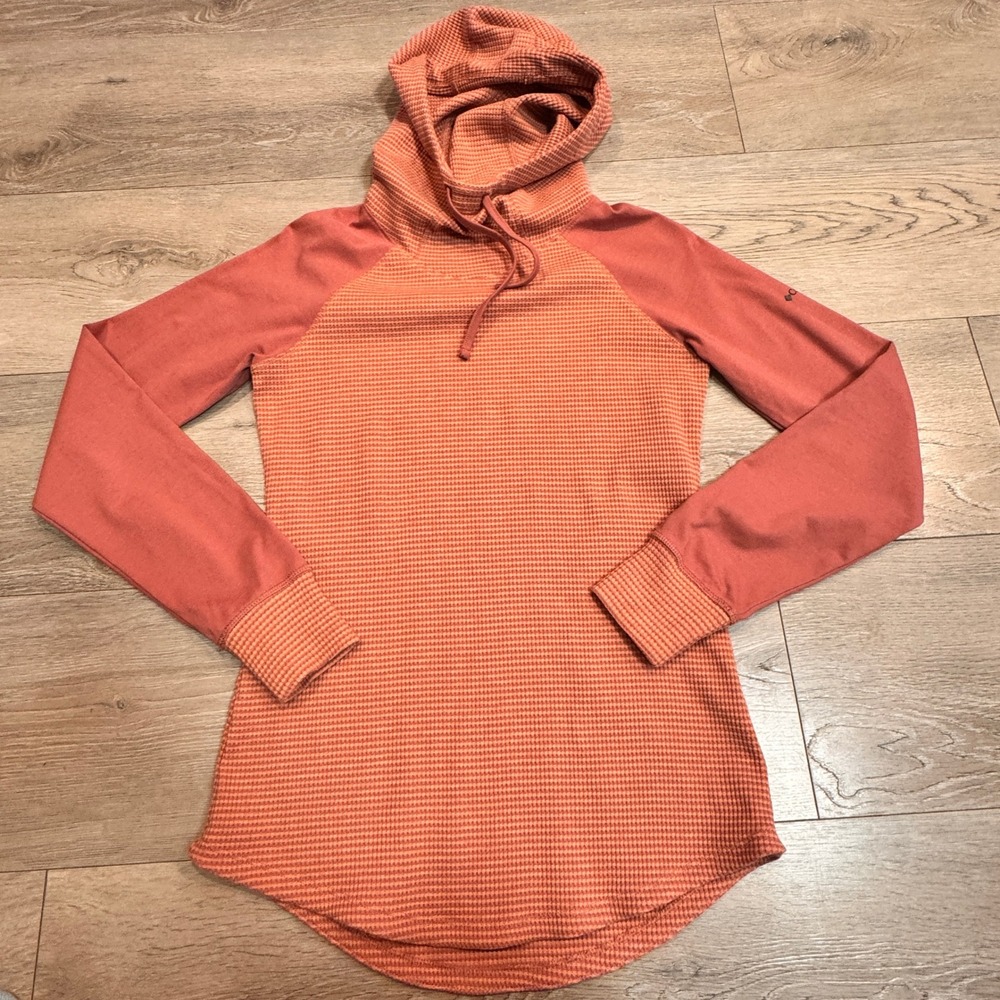 Columbia Thermal Hoodie Orange Textured‎ Raglan Sleeve Size Small S Funnel Neck